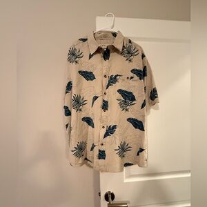 Orvis Beige Short-Sleeve Button-Down with Navy Tropical Print